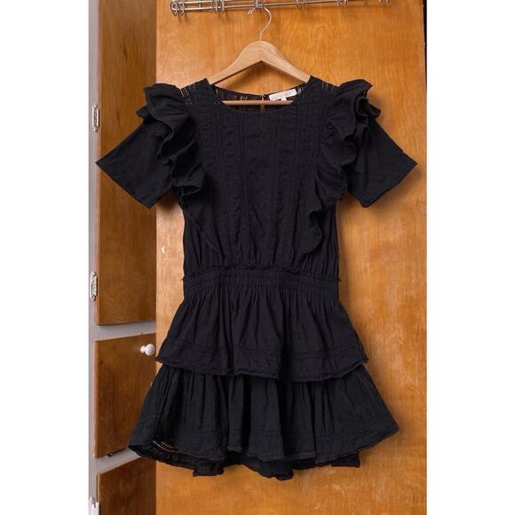LoveShackFancy Black Natasha Short Sleeve Eyelet Ruffle Lace Mini Dress size S - Picture 1 of 9
